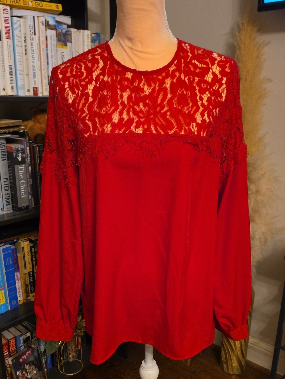 Sunnyme Red Floral Lace Yoke Long Sleeve Blouse Romantic Holiday Top Size XL